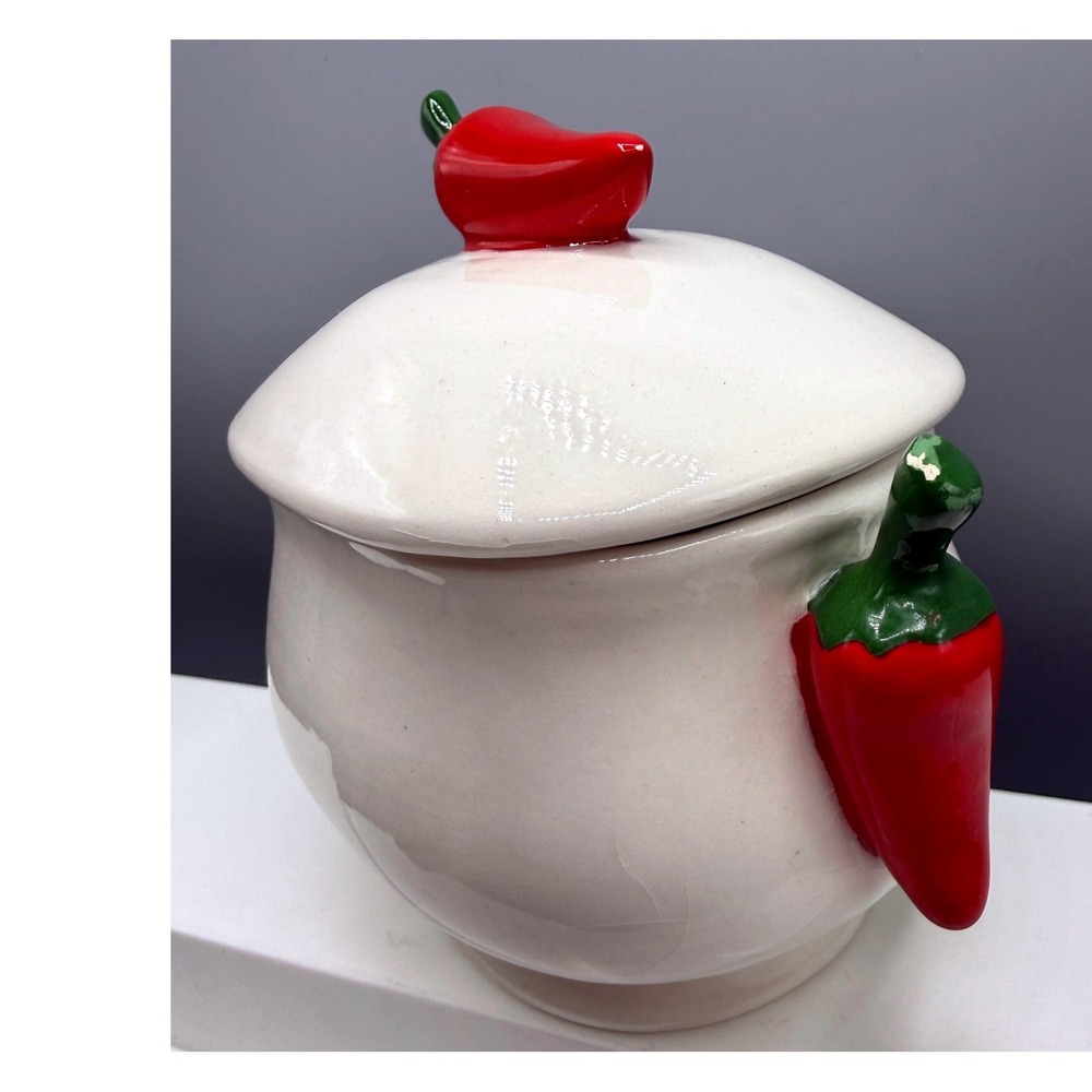 Ceramic Salsa Bowl with Lid and Spoon Red Chili Pepper Handles White Glossy - Picture 6 of 16